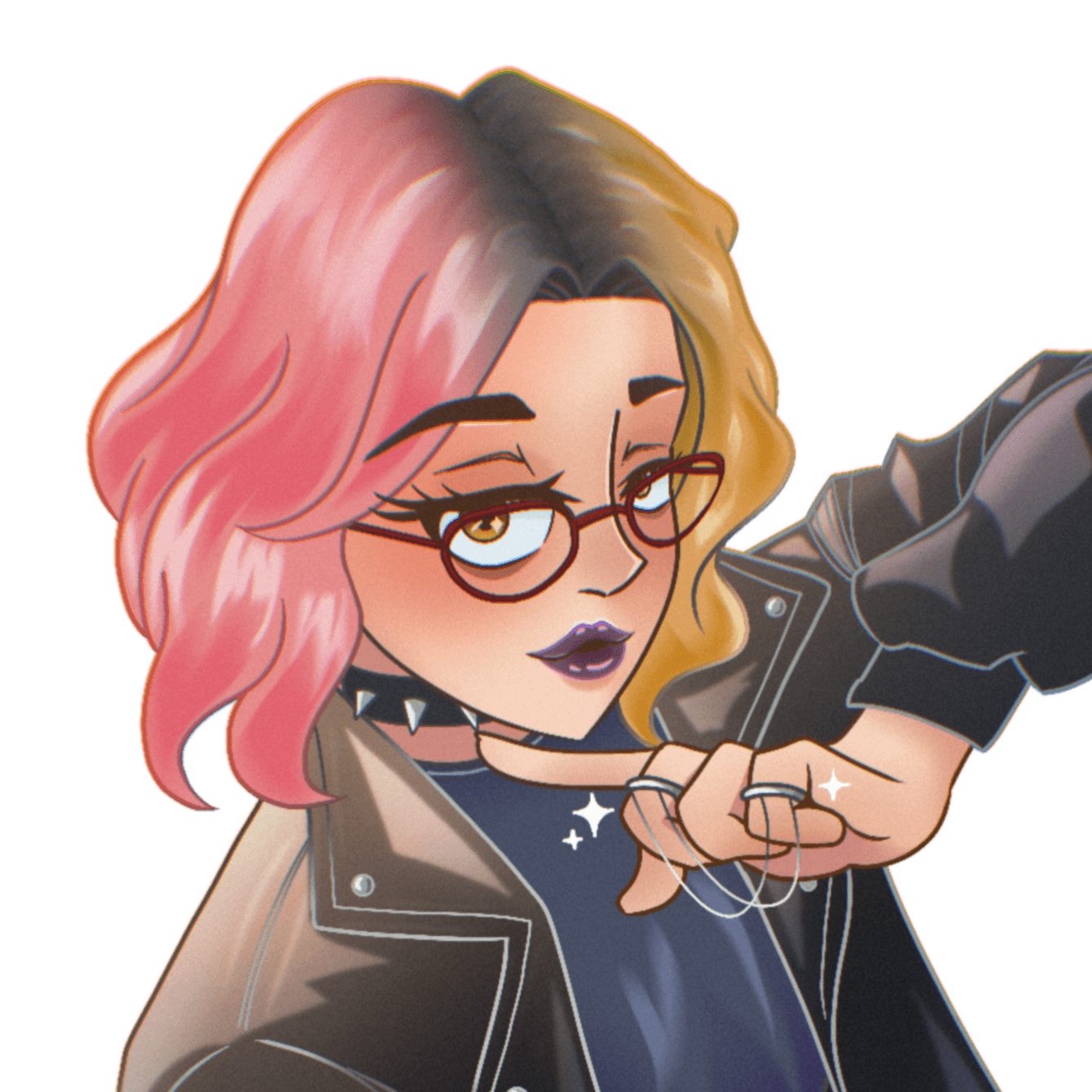 Leo's self-portrait. Feminine character with brown eyes and shoulder-length split-dye hair, wearing red glasses and dark purple lipstick